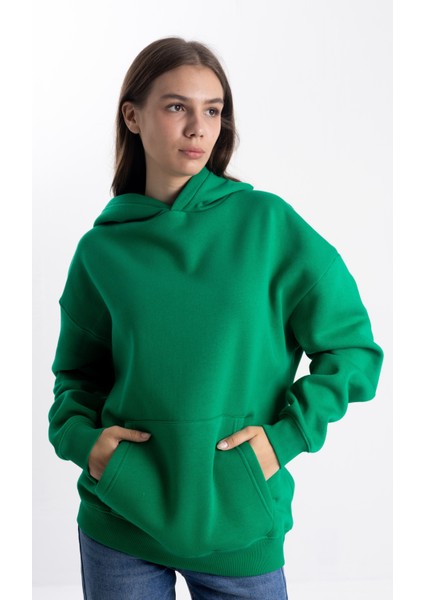 Unisex Oversize Yeşil Kapşonlu Sweatshirt