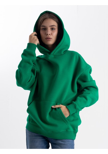 Unisex Oversize Yeşil Kapşonlu Sweatshirt