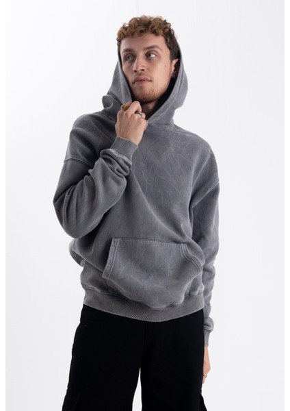 Unisex Oversize Eskitme Kapşonlu Sweatshirt