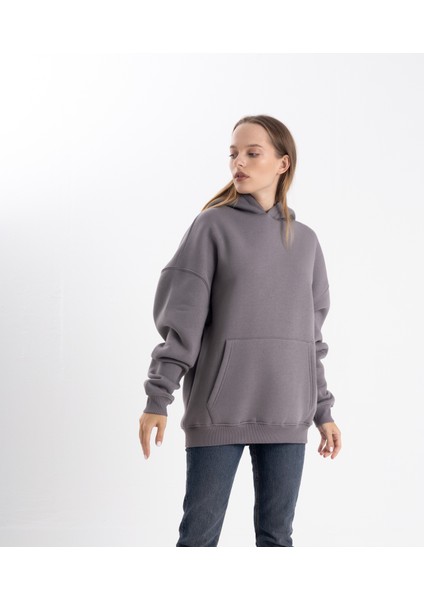 Unisex Oversize Gri Kapşonlu Sweatshirt