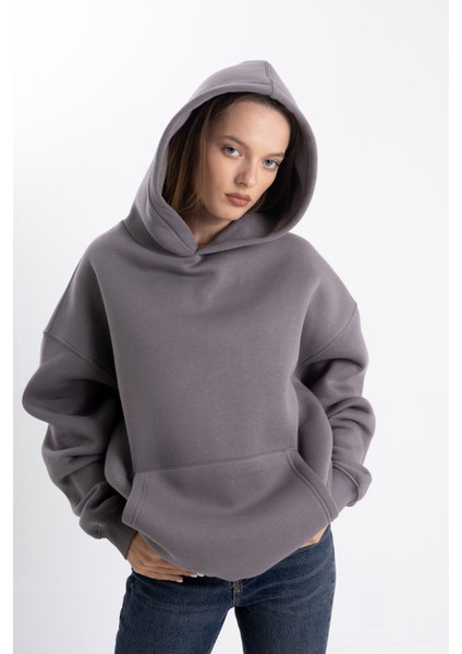 Unisex Oversize Gri Kapşonlu Sweatshirt