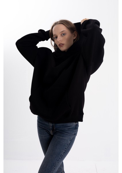 Unisex Oversize Siyah Kapşonlu Sweatshirt