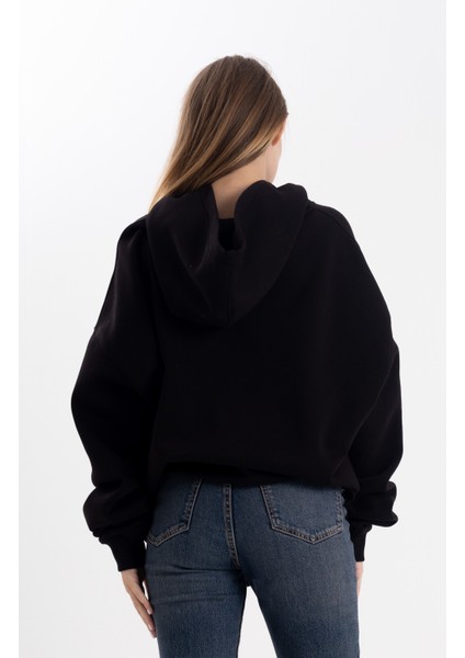 Unisex Oversize Siyah Kapşonlu Sweatshirt