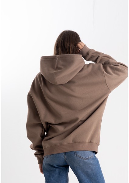 Unisex Oversize Kahve Kapşonlu Sweatshirt