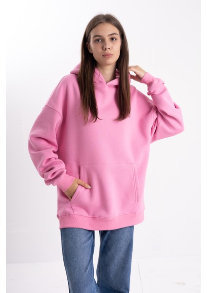 Unisex Oversize Pembe Kapşonlu Sweatshirt