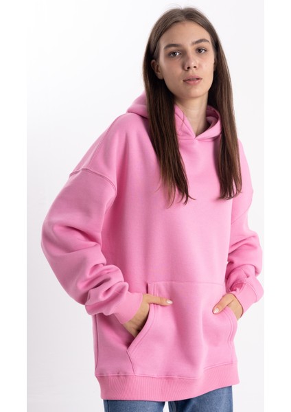 Unisex Oversize Pembe Kapşonlu Sweatshirt