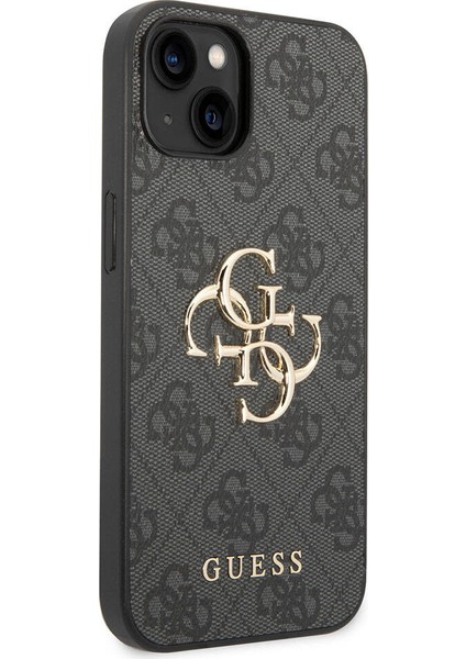 iPhone 15 Uyumlu Kılıf Guess Orjinal Lisanslı Pu Deri Yazı ve 4g Metal Logolu Desenli Kapak Gri