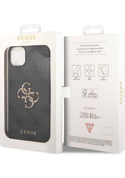 iPhone 15 Uyumlu Kılıf Guess Orjinal Lisanslı Pu Deri Yazı ve 4g Metal Logolu Desenli Kapak Gri indirimleri