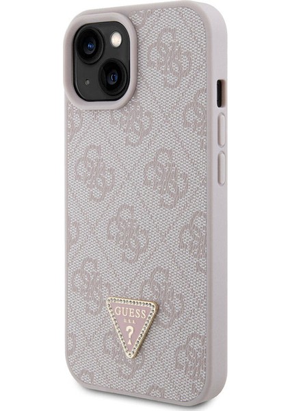 iPhone 15 Uyumlu Kılıf Guess Orjinal Lisanslı Pu Deri Taşlı Üçgen Logo 4g Desenli Strass Kapak Pembe