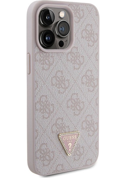 iPhone 15 Pro Max Uyumlu Kılıf Guess Orjinal Lisans Pu Deri Taşlı Üçgen Logo 4g Desen Strass Pembe