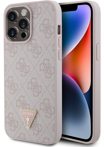 iPhone 15 Pro Max Uyumlu Kılıf Guess Orjinal Lisans Pu Deri Taşlı Üçgen Logo 4g Desen Strass Pembe