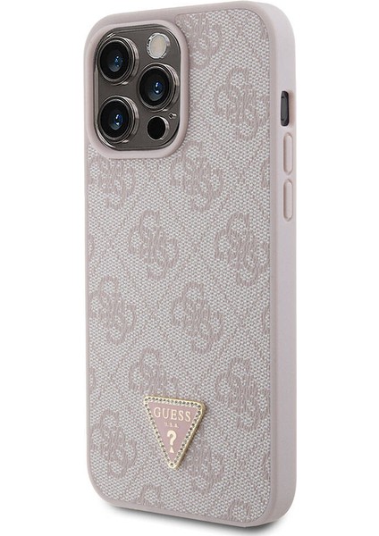 iPhone 15 Pro Max Uyumlu Kılıf Guess Orjinal Lisans Pu Deri Taşlı Üçgen Logo 4g Desen Strass Pembe