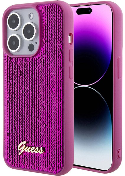 iPhone 15 Pro Max Kılıf Guess Orjinal Lisans Pullu Arka Yüzey Metal Yazı Logolu Sequin Script Pembe