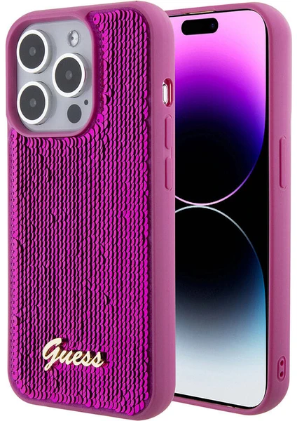 iPhone 15 Pro Max Kılıf Guess Orjinal Lisans Pullu Arka Yüzey Metal Yazı Logolu Sequin Script Pembe