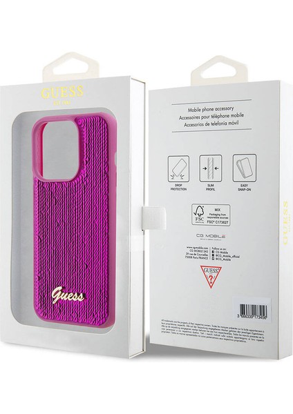 iPhone 15 Pro Max Kılıf Guess Orjinal Lisans Pullu Arka Yüzey Metal Yazı Logolu Sequin Script Pembe