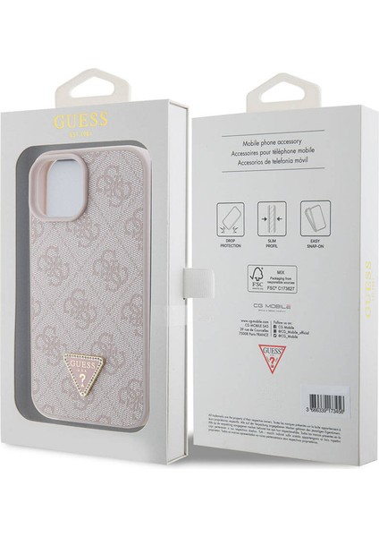 iPhone 15 Uyumlu Kılıf Guess Orjinal Lisanslı Pu Deri Taşlı Üçgen Logo 4g Desenli Strass Kapak Pembe
