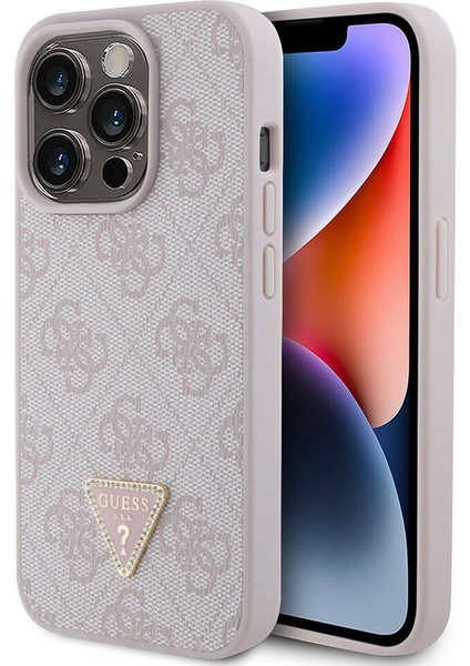 iPhone 15 Pro Uyumlu Kılıf Guess Orjinal Lisanslı Pu Deri Taşlı Üçgen Logo 4g Desenli Strass Pembe