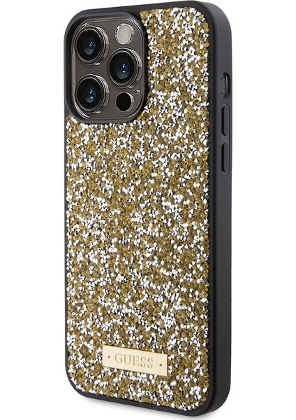 iPhone 15 Pro Max Uyumlu Kılıf Guess Orjinal Lisanslı Taşlı Arka Yüzey Metal Yazı Logolu Kapak Sarı