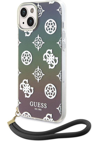 iPhone 15 Plus Kılıf Guess Orjinal Lisanslı Yazı Logolu Askı Ipli Holografik Glitter Peony Siyah
