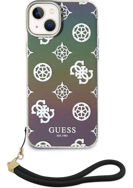 iPhone 15 Plus Kılıf Guess Orjinal Lisanslı Yazı Logolu Askı Ipli Holografik Glitter Peony Siyah