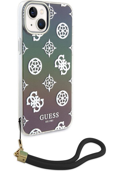 iPhone 15 Plus Kılıf Guess Orjinal Lisanslı Yazı Logolu Askı Ipli Holografik Glitter Peony Siyah