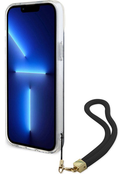iPhone 15 Plus Kılıf Guess Orjinal Lisanslı Yazı Logolu Askı Ipli Holografik Glitter Peony Siyah