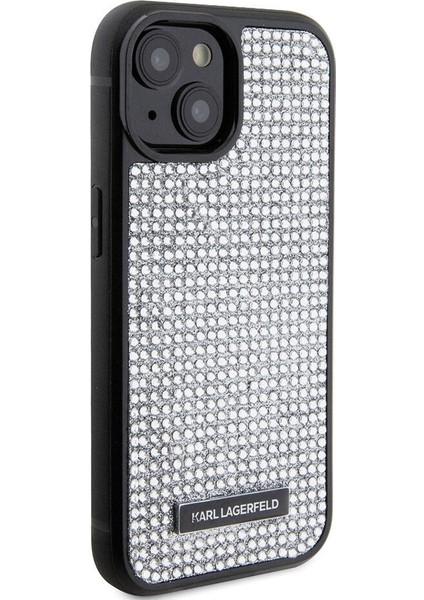 iPhone 15 Plus Uyumlu Kılıf Taşlı Metal Logo Orjinal Lisanslı Kapak Gümüş