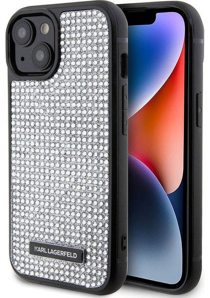 iPhone 15 Plus Uyumlu Kılıf Taşlı Metal Logo Orjinal Lisanslı Kapak Gümüş fiyatları