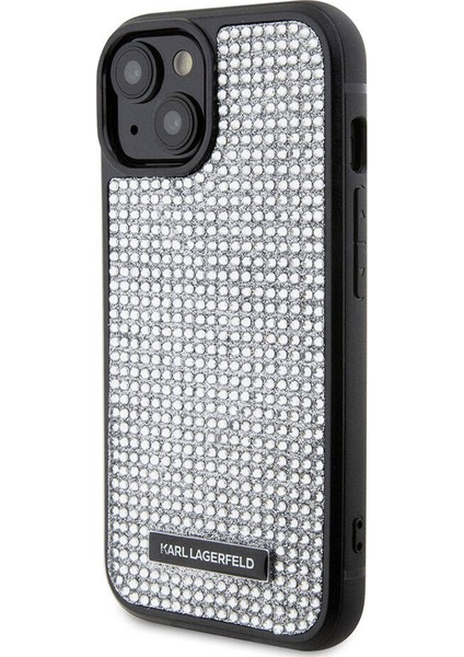 iPhone 15 Plus Uyumlu Kılıf Taşlı Metal Logo Orjinal Lisanslı Kapak Gümüş modelleri