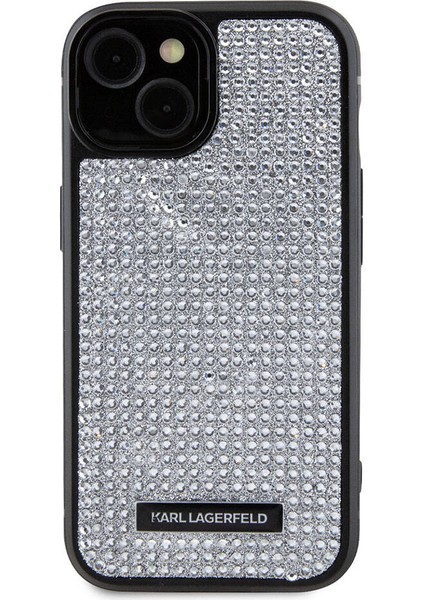 iPhone 15 Plus Uyumlu Kılıf Taşlı Metal Logo Orjinal Lisanslı Kapak Gümüş fırsatları