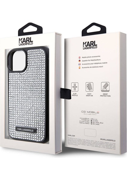 iPhone 15 Plus Uyumlu Kılıf Taşlı Metal Logo Orjinal Lisanslı Kapak Gümüş indirimleri