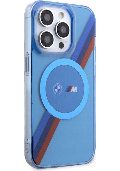 iPhone 14 Pro Uyumlu Kılıf Bmw Magsafe Şarj Transparan Tricolor Stripes Orjinal Lisanslı Kapak Mavi