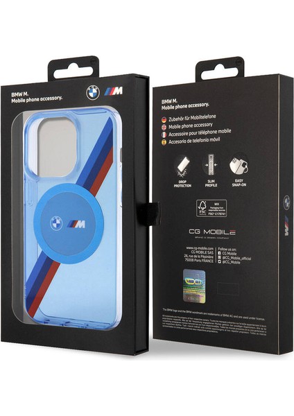 iPhone 14 Pro Uyumlu Kılıf Bmw Magsafe Şarj Transparan Tricolor Stripes Orjinal Lisanslı Kapak Mavi indirimleri