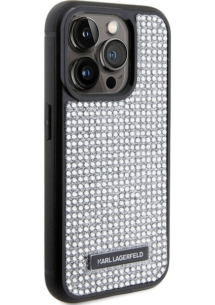 iPhone 15 Pro Max Uyumlu Kılıf Taşlı Metal Logo Orjinal Lisanslı Kapak Gümüş