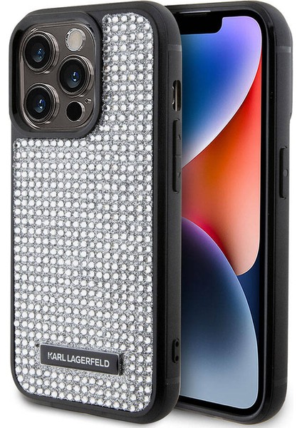 iPhone 15 Pro Max Uyumlu Kılıf Taşlı Metal Logo Orjinal Lisanslı Kapak Gümüş fiyatları