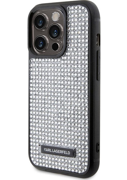 iPhone 15 Pro Max Uyumlu Kılıf Taşlı Metal Logo Orjinal Lisanslı Kapak Gümüş modelleri