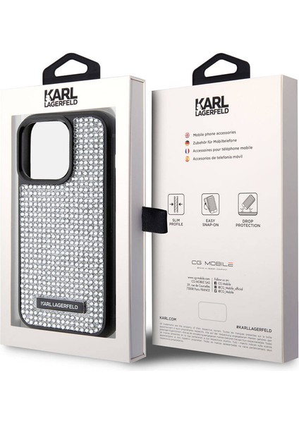 iPhone 15 Pro Max Uyumlu Kılıf Taşlı Metal Logo Orjinal Lisanslı Kapak Gümüş indirimleri