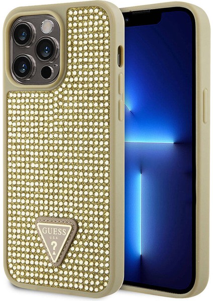 iPhone 15 Pro Max Uyumlu Kılıf Guess Orjinal Lisanslı Taşlı Arka Yüzey Üçgen Logolu Kapak Gold