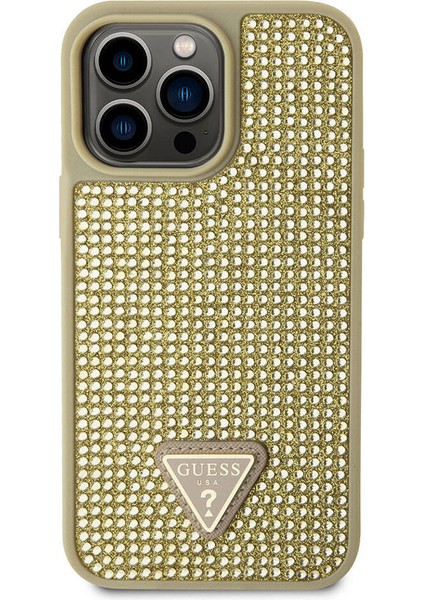 iPhone 15 Pro Max Uyumlu Kılıf Guess Orjinal Lisanslı Taşlı Arka Yüzey Üçgen Logolu Kapak Gold