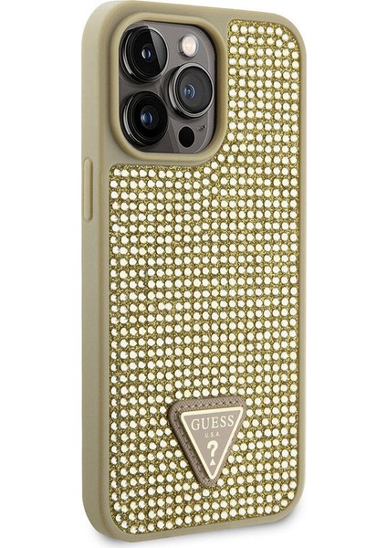 iPhone 15 Pro Max Uyumlu Kılıf Guess Orjinal Lisanslı Taşlı Arka Yüzey Üçgen Logolu Kapak Gold