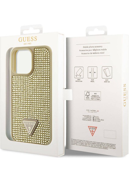 iPhone 15 Pro Max Uyumlu Kılıf Guess Orjinal Lisanslı Taşlı Arka Yüzey Üçgen Logolu Kapak Gold