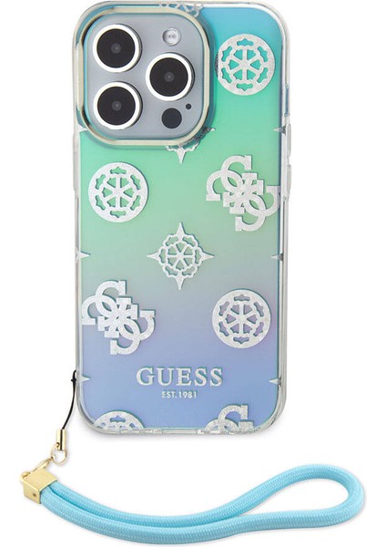 iPhone 15 Pro Kılıf Guess Orjinal Lisanslı Yazı Logolu Askı Ipli Holografik Glitter Peony Turkuaz