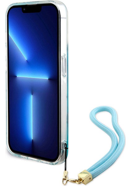 iPhone 15 Pro Kılıf Guess Orjinal Lisanslı Yazı Logolu Askı Ipli Holografik Glitter Peony Turkuaz