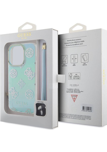 iPhone 15 Pro Kılıf Guess Orjinal Lisanslı Yazı Logolu Askı Ipli Holografik Glitter Peony Turkuaz