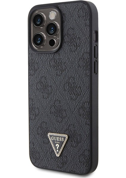 iPhone 15 Pro Max Kılıf Guess Lisanslı Pu Deri Askılı Taşlı Üçgen Logo 4g Strass Crossbody Siyah modelleri