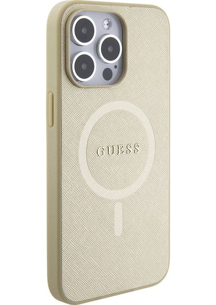 iPhone 15 Pro Max Kılıf Guess Orjinal Lisanslı Magsafe Şarj Özellikli Yazı Logolu Saffiano Krem