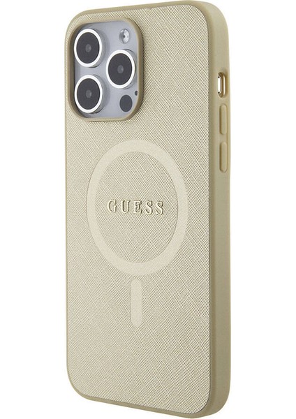iPhone 15 Pro Max Kılıf Guess Orjinal Lisanslı Magsafe Şarj Özellikli Yazı Logolu Saffiano Krem modelleri