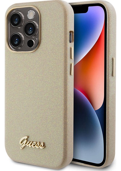 iPhone 15 Pro Max Uyumlu Kılıf Guess Orjinal Lisanslı Yazı Logolu Glitter Glossy Script Kapak Gold