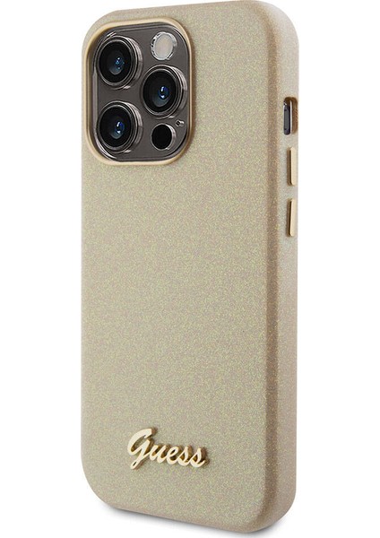 iPhone 15 Pro Max Uyumlu Kılıf Guess Orjinal Lisanslı Yazı Logolu Glitter Glossy Script Kapak Gold