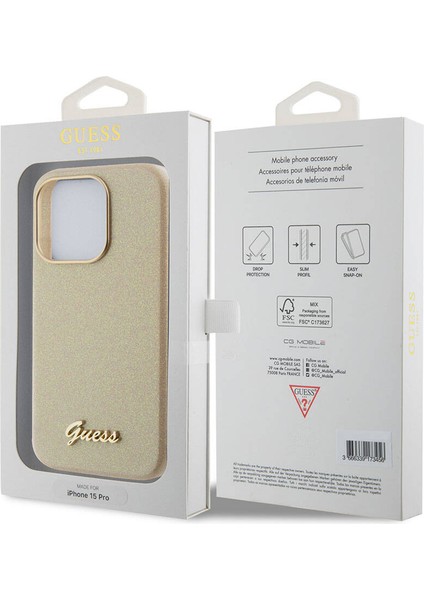 iPhone 15 Pro Max Uyumlu Kılıf Guess Orjinal Lisanslı Yazı Logolu Glitter Glossy Script Kapak Gold